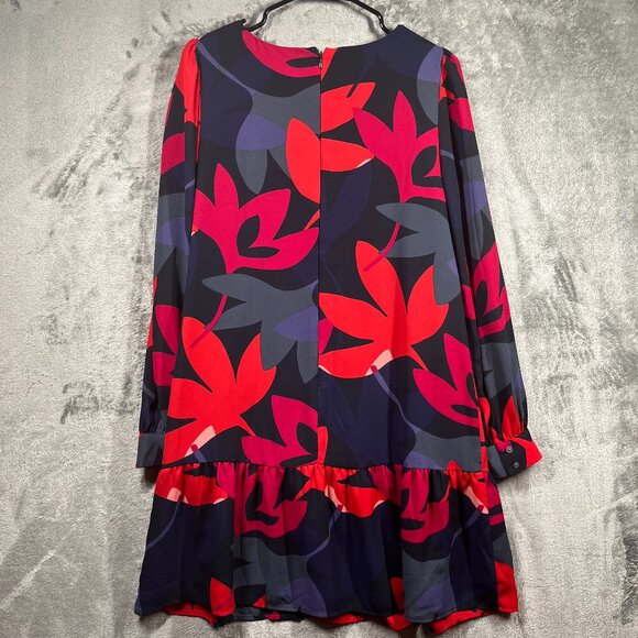 Ann Taylor Loft Dress Medium Red Fleur Floral Shift Long Sleeve Zip Up Preppy - Picture 3 of 8